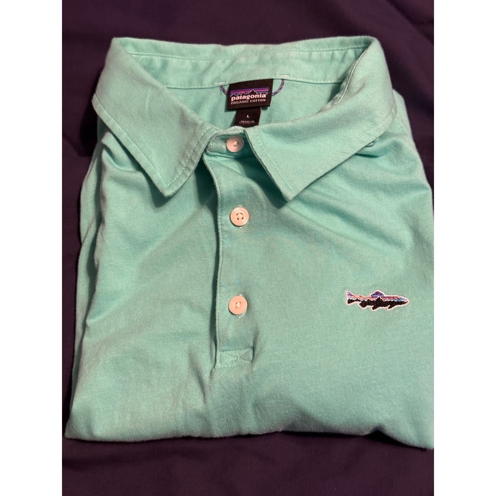 Patagonia Mens Green Organic Cotton Fitz Roy Trout Logo Polo Shirt 52206 L